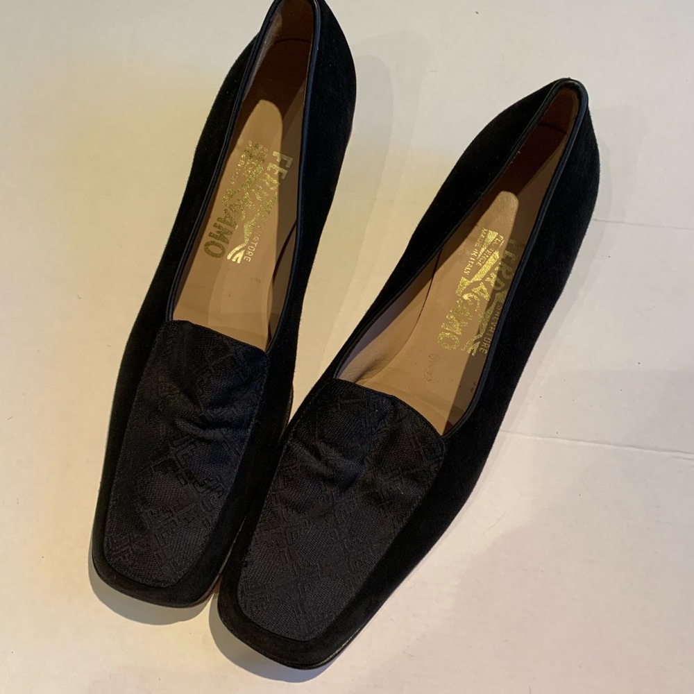 Salvatore Ferragamo Black Suede Square Toe Loafers